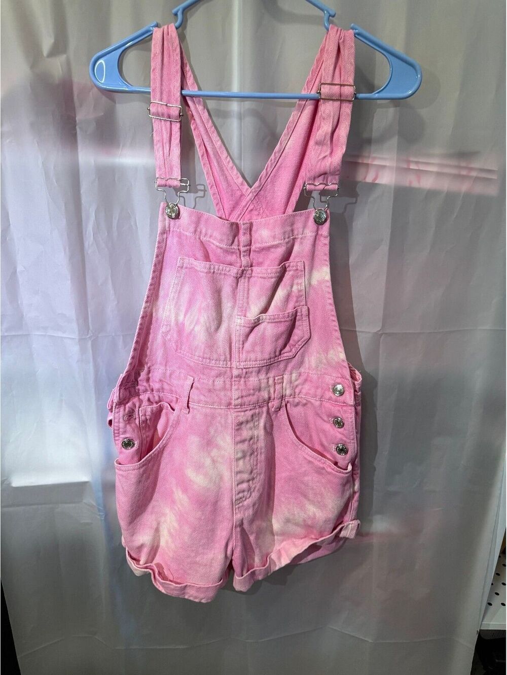 We The Free Pink Tie-Dye Denim Short Overalls XS
